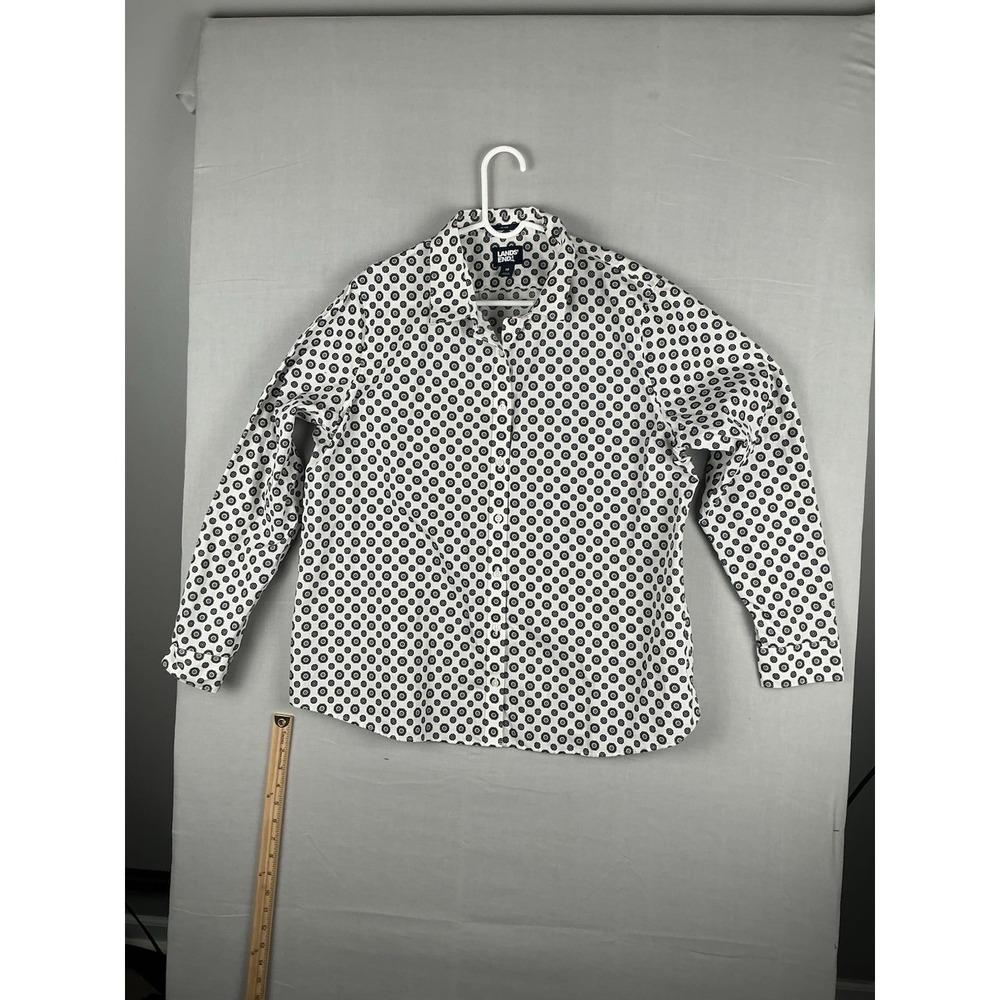 Lands' End No Iron Button‎ Up Shirt Womens 18 White Black Medallion Cotton